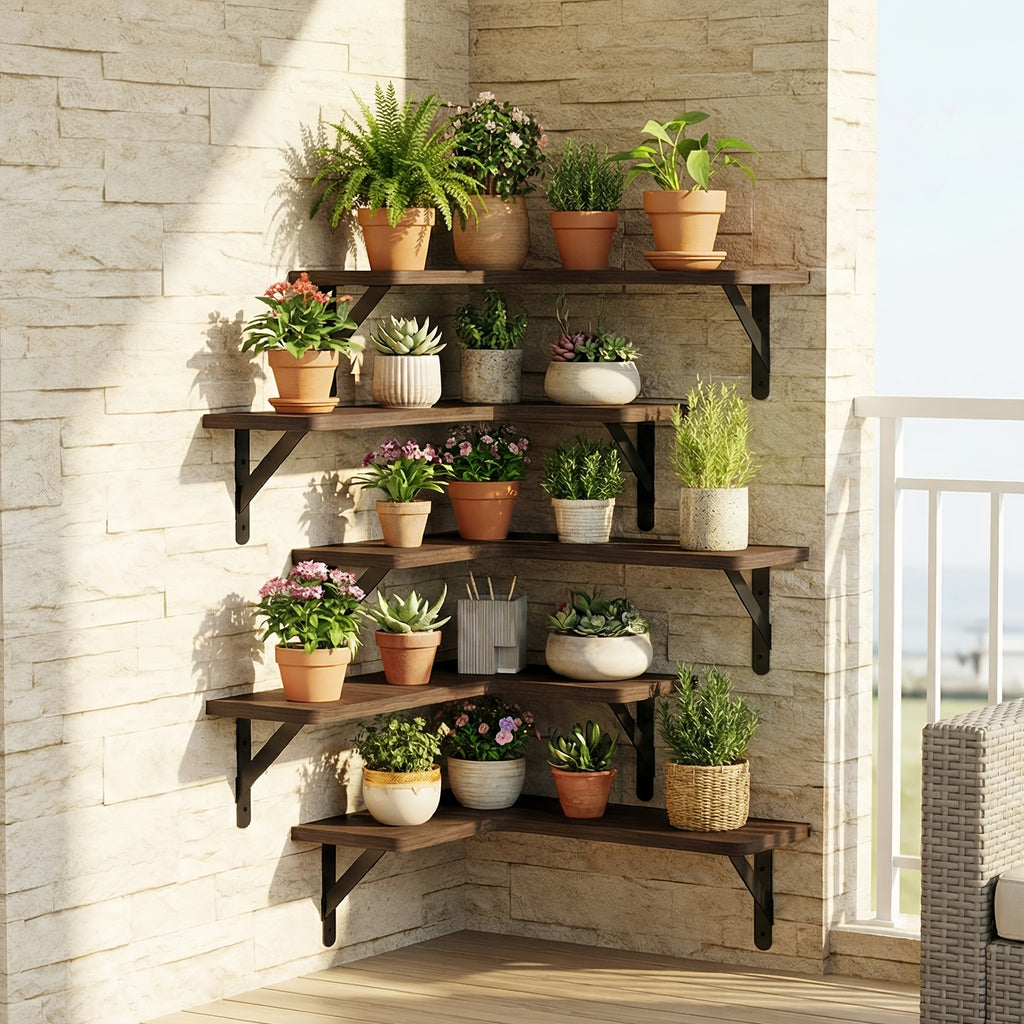 Rustic Wood Corner Floating Shelves, Wall Mounted Display Organizers in Multiple Colors for Plants, Bedroom, Living Room and Kitchen Decor