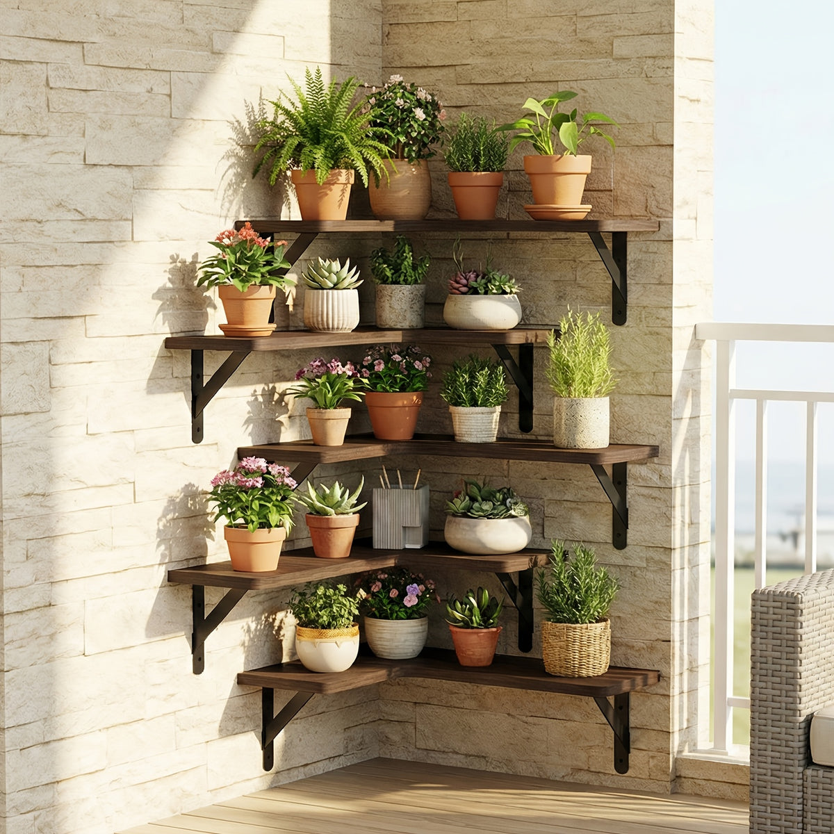 Rustic Wood Corner Floating Shelves, Wall Mounted Display Organizers in Multiple Colors for Plants, Bedroom, Living Room and Kitchen Decor