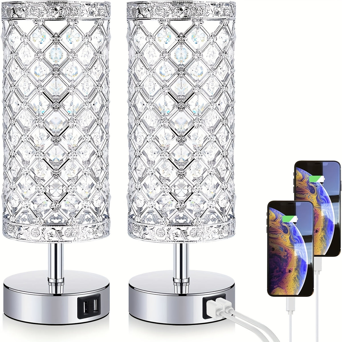 Touch Control Crystal Table Lamps With 2 USB Ports, 3-Way Dimmable Bedside Nightstand Lamps With Decorative Crystal, Small Table Lamps For Bedrooms Living Room, Office, Led Bulb Included