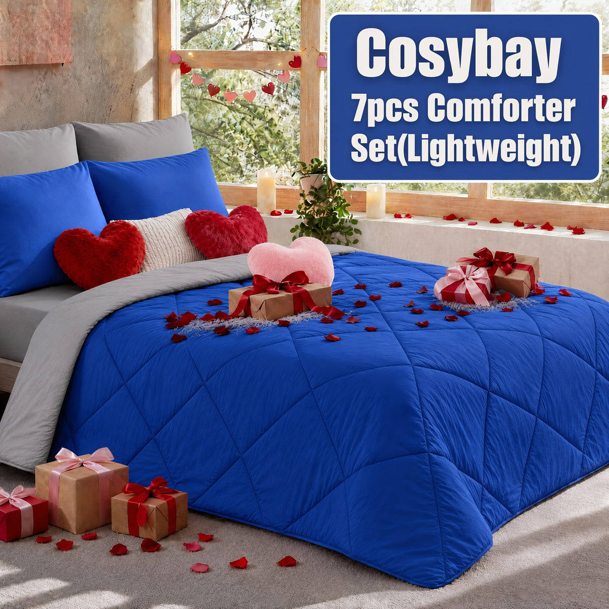 Cosybay 7 Piece Pinch Pleated Comforter Set Queen King Size, Luxury Soft Fluffy Bedding Includes 1 Comforter, 1 Extra Deep Pocket Fitted Sheet, 1 Flat Sheet, 4 Pillowcases & Pillow Covers, Perfect for Halloween Party, Holiday Celebrations & Birthday