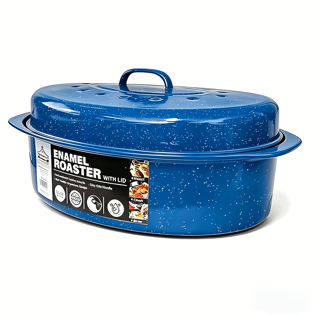 Enamel Roasting Pan with Lid, Oval Nonstick Carbon Steel Turkey and Chicken Roaster in 13 or 16 Inch Options for Oven Baking and Family Meals