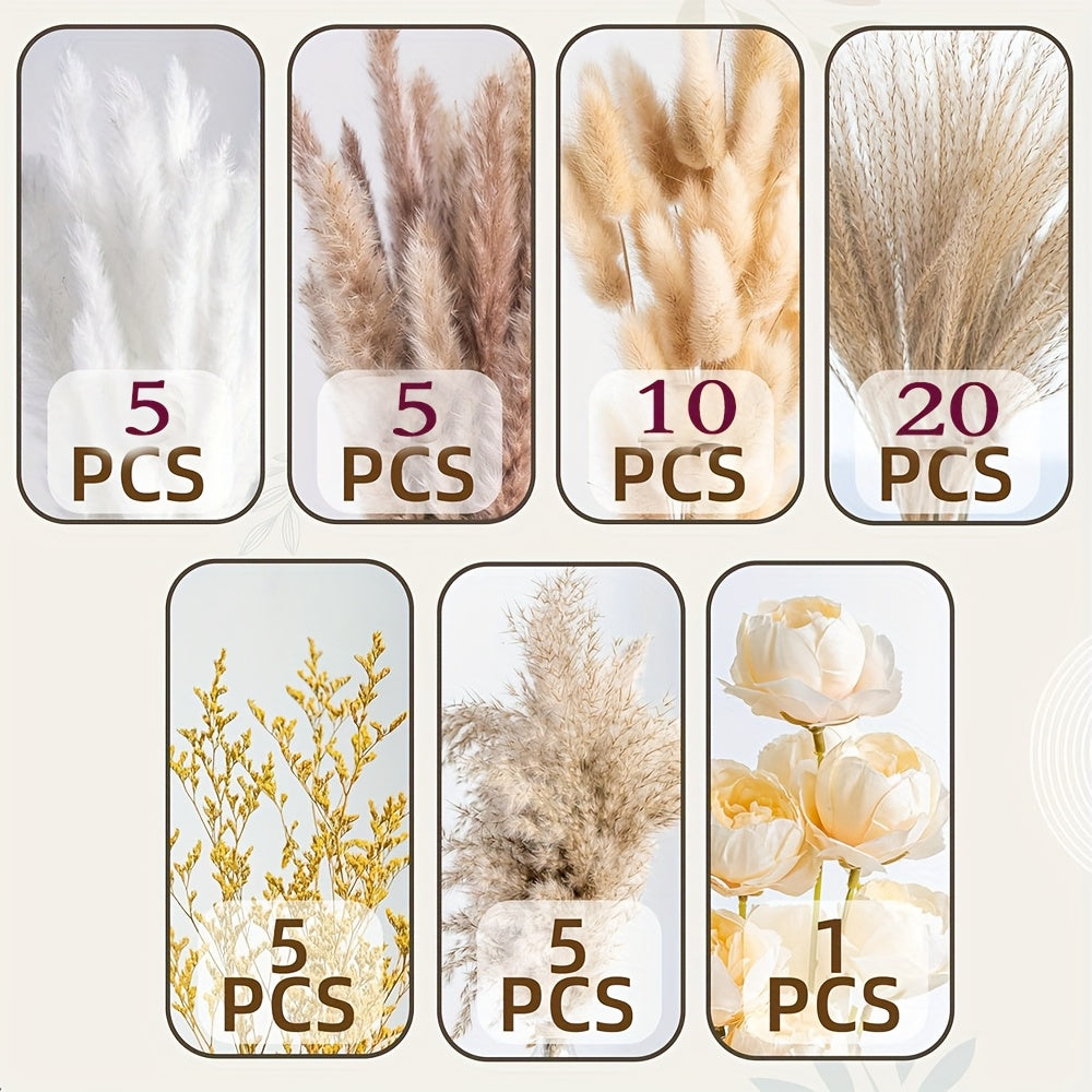 91/51pcs Large Dried Pampas Grass Bouquet with Artificial White & Beige Roses - Full Blooming Wedding, Home, Farmhouse Centerpiece - Low-Maintenance Boho Table Decor, Rustic Dried Flower Arrangement (No Vase Included)