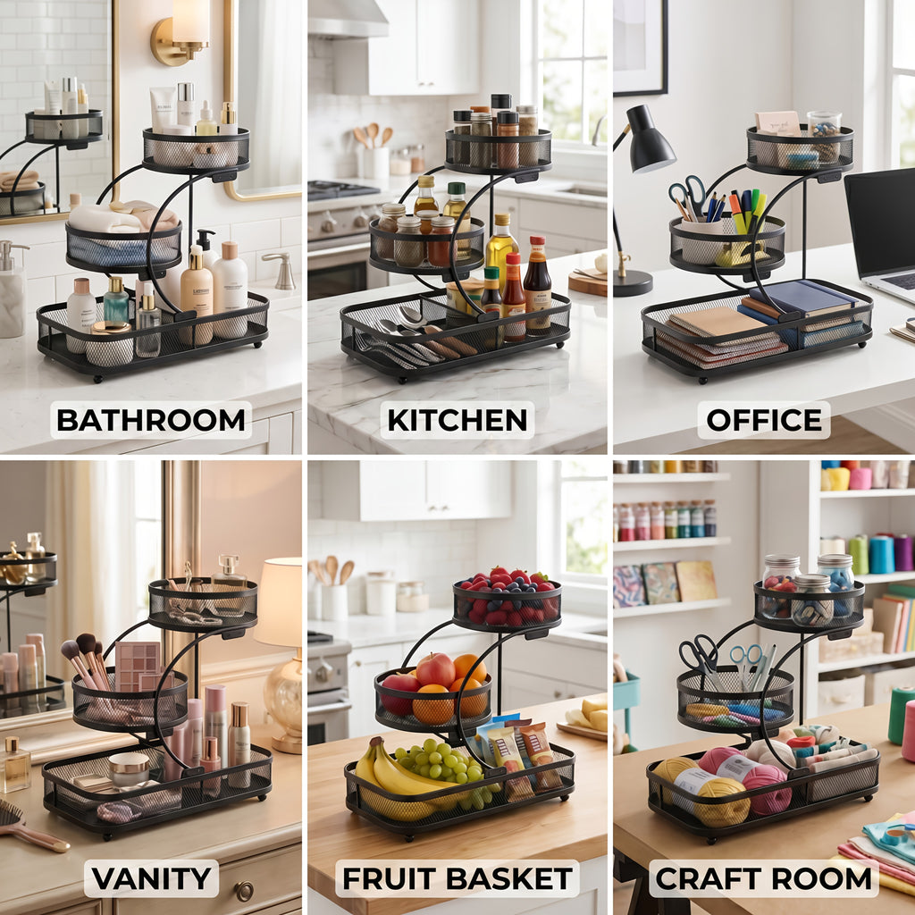 3-Tier Black Metal Mesh Storage Rack with Hooks Space-Saving Countertop Organizer for Kitchen, Bathroom Room Decor | Heavy-Duty Cosmetic Perfume Toiletry Display Stand, Shelf Baskets