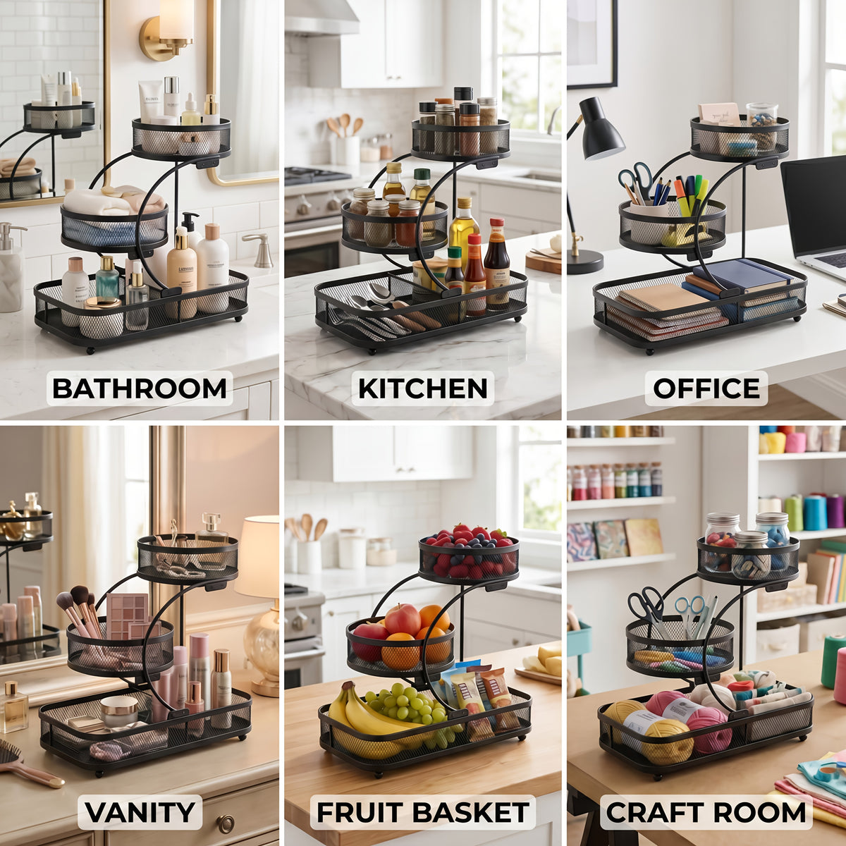 3-Tier Black Metal Mesh Storage Rack with Hooks Space-Saving Countertop Organizer for Kitchen, Bathroom Room Decor | Heavy-Duty Cosmetic Perfume Toiletry Display Stand, Shelf Baskets