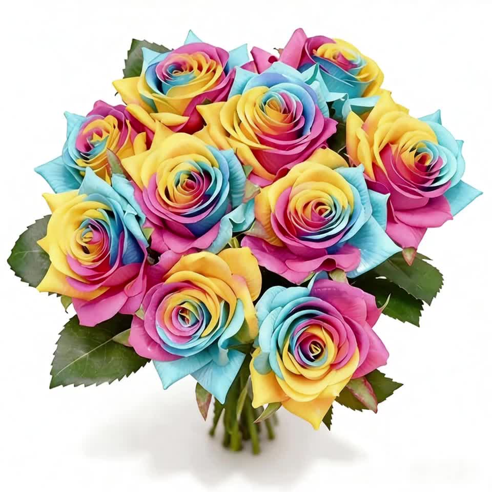Artificial Rainbow Rose 10 Stems Flowers with Bendable Plastic Stems for Wedding Centerpieces Home Decor Gifts 13. 5 Inch