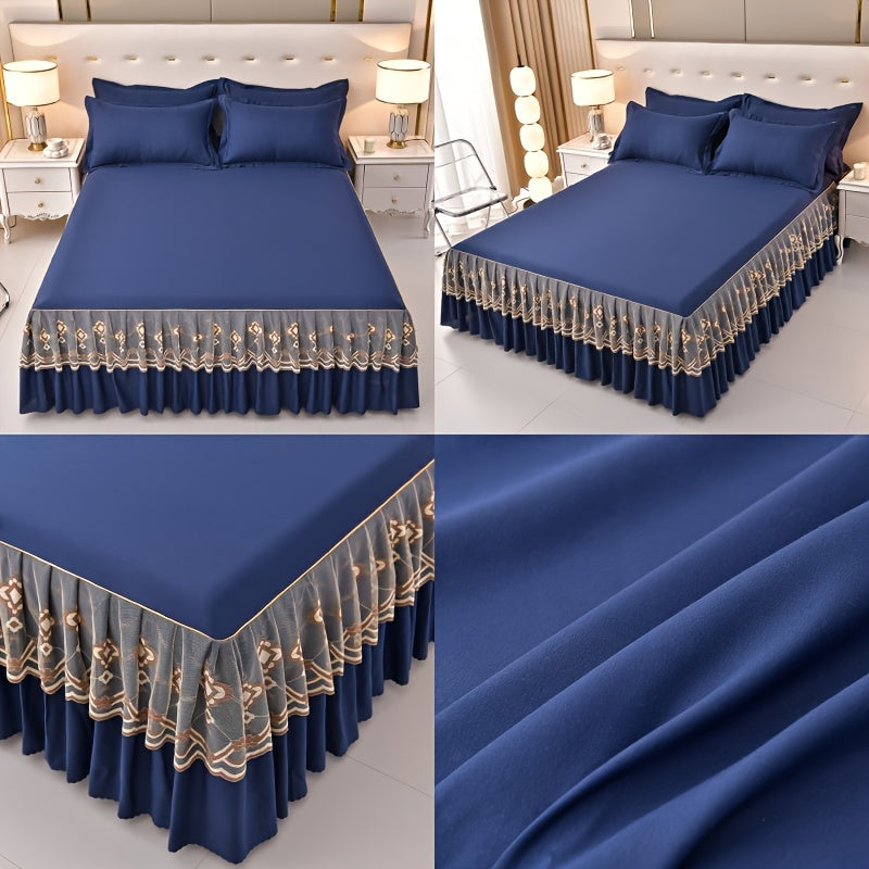 3pcs Macrame Bed Skirt Set (Bed Skirt *1+ Pillowcase*2, Without Core), Solid Color Double Layer Lace Bed Skirt All Seasons Universal Non-Slip Bedding