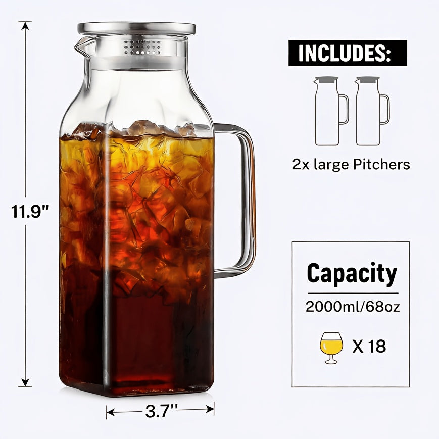 1 Pack/2 Pack 68oz Square Glass Pitcher with Lid And Handle for Fridge, Iced Tea And Coffee Carafe Beverage Serveware, Heat Resistant Borosilicate Water Jug for Hot/Cold Drinks And Milk, 304 Stainless Steel Lid