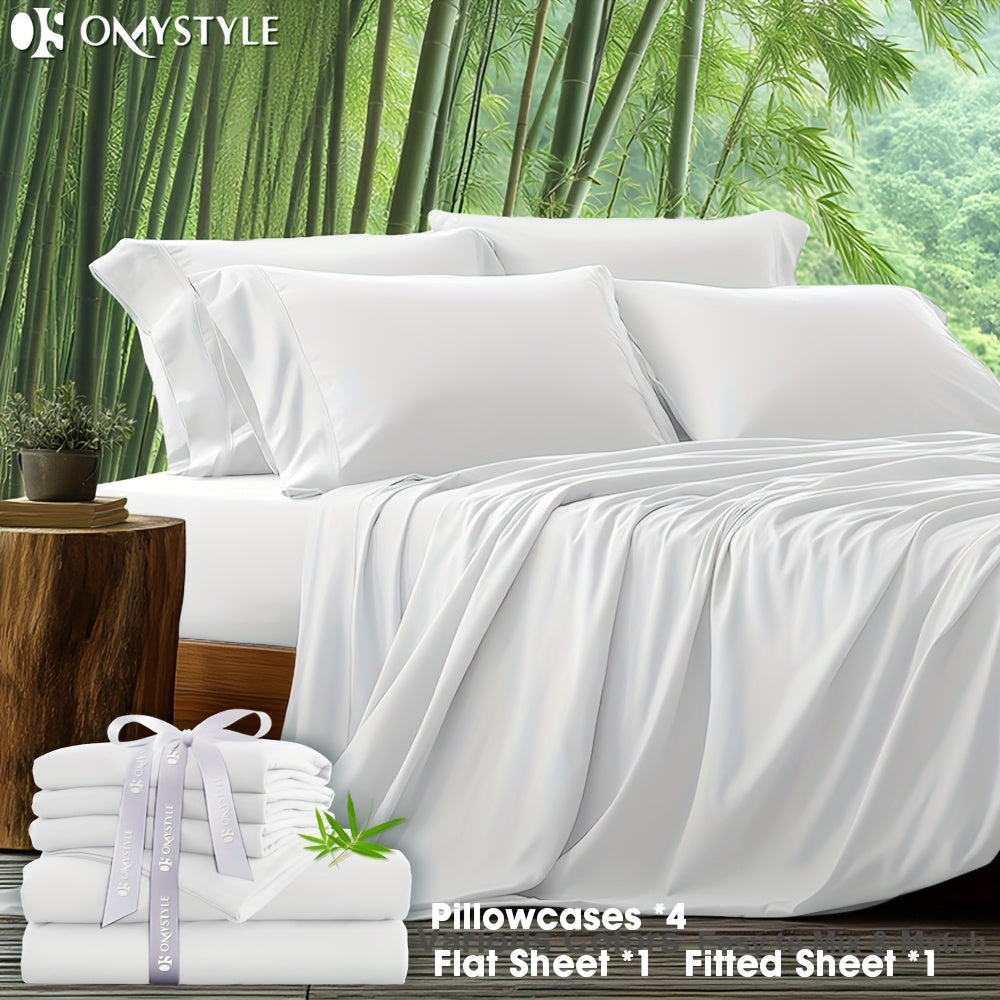 6pcs Bamboo Blend Bed Sheet Set-Flat Sheet, Fitted Sheet And 4 Pillowcases, Luxury Breathable Sheet Set, Ultra Soft Sheet for Hot Sleepers, Deep Pocket, King/Queen/Full/Twin