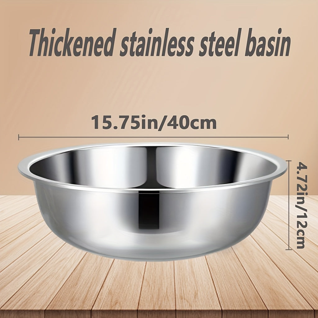 16-inch Stainless Steel Mixing Bowl, Rust-proof Large Salad Bowl, Vegetable And Fruit Washing Basin, Dishwashing Basin, Pet Basin, Laundry Basin, Durable Kitchenware Multi-purpose Basin, Easy to Clean, Thanksgiving, Christmas Gift