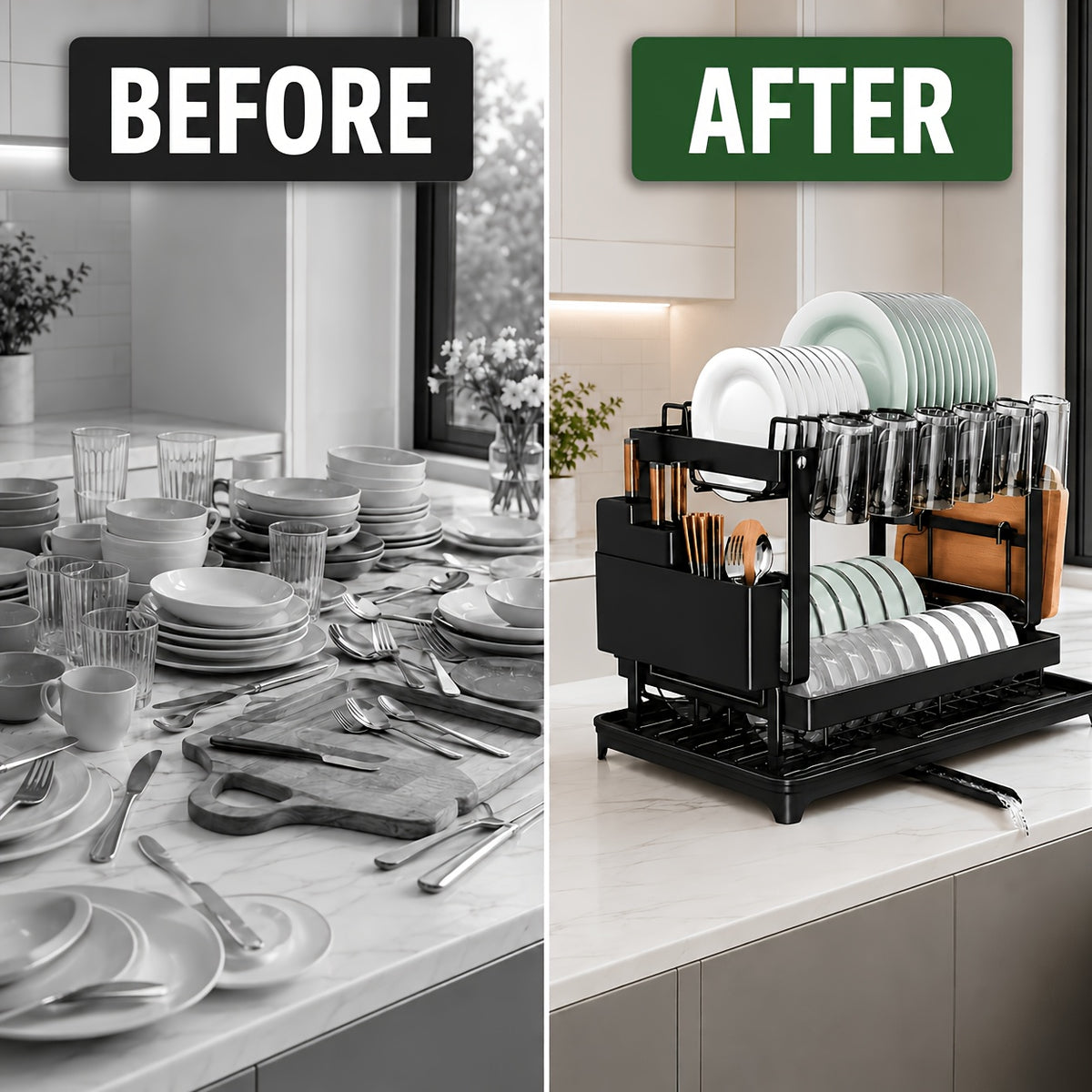 Two-Level Dish Drying Rack for Kitchen Surfaces, Dish Drainer with A Drainboard, Metal Kitchen Dish Holder with Drainage, Two-Tier Kitchen Drying Rack, Black Dish Holders, Standing Shelf Units, Standing Shelf