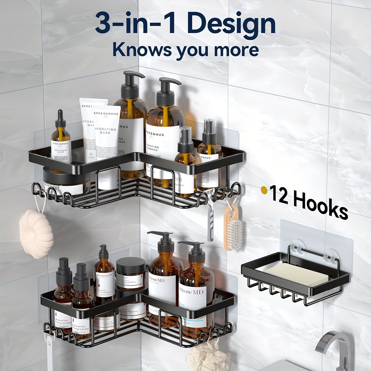 Adhesive Corner Shower Shelves, 3 Pack Stainless Steel Bathroom Caddy Set with Soap Holder and 12 Hooks for No Drill Wall Mounted Storage