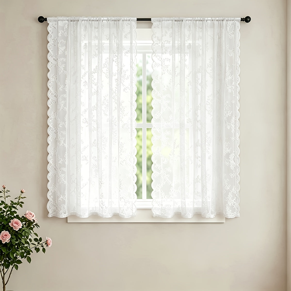 Set of Two White Lace Curtains with Floral Designs, Featuring a Bohemian Style And Semi-Transparent Fabric That Filters Sunlight. Suitable for All Seasons