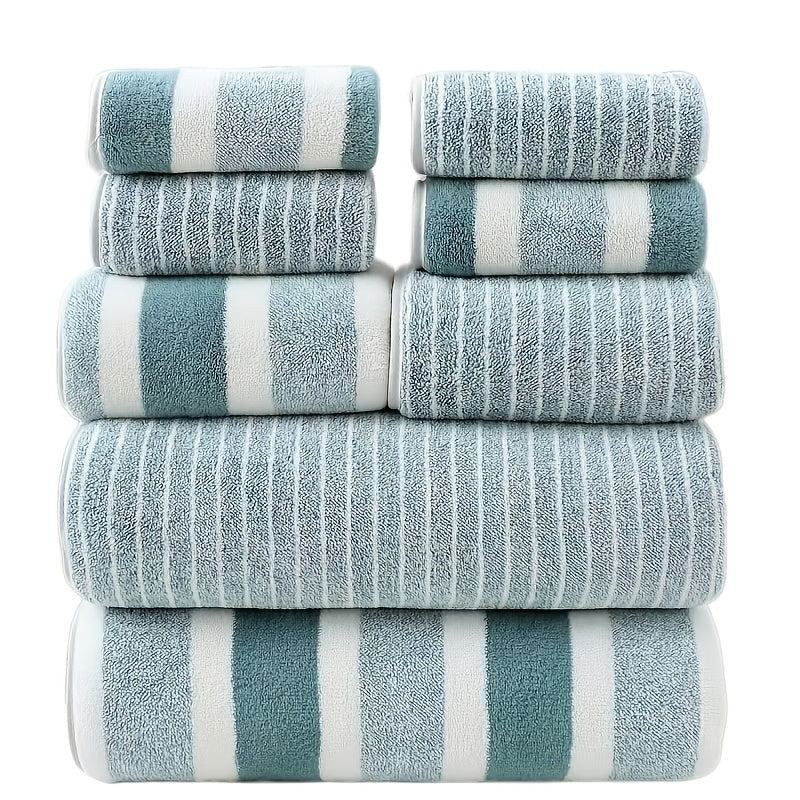8pcs Set, No Hair Loss, Super Absorbent, Super Soft Two-Color Striped Interval Bath Towel Combination, Including 2 Large Bath Towels, 2 Large Face Towels, 4 Hand Towels