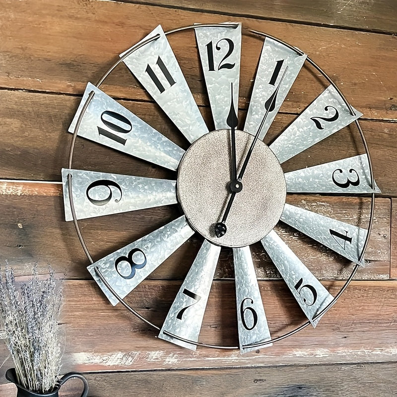 24 Inch Large Modern Farmhouse Clock, Vintage Analog Clock 3D Windmill Blades, Galvanized Metal Art Room Wall Decor Clocks Battery Operated, Quiet Mechanical, Home Decoration for Living Room, Kitchen, Dining Room, Bedroom, Porch, Front Door