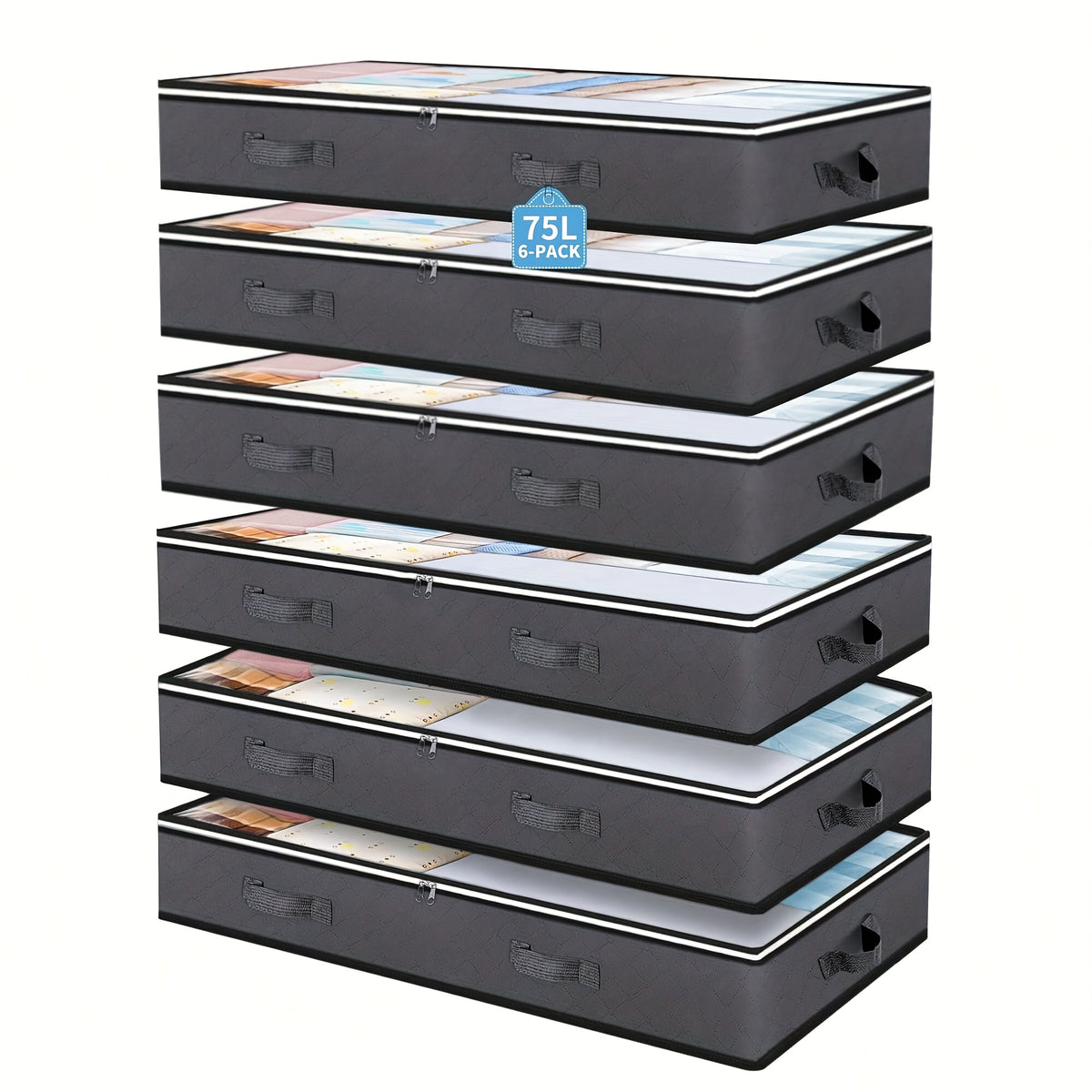 6-pack Under-bed Storage Bags, 23.78 Gallons, Foldable Fabric Storage Bags with Zipper Closure, Space-saving Design, Reinforced Handles, Multiple Compartments, Under-bed Storage., Under-Bed Storage