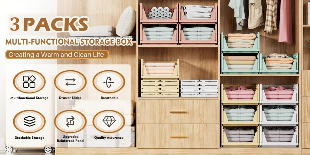 3pcs Stackable Closet Storage Basket, Multifunctional & Foldable Closet Organizer for Bathroom, Kitchen, Laundry Room, And Wardrobe Storage, Space-Saving Clothes Storage Drawer Organizer, Under-Bed Storage, Mounted Closet Systems
