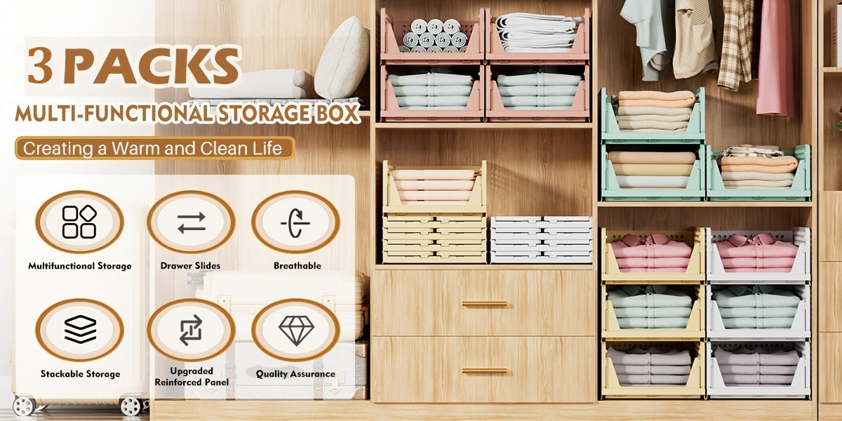 3pcs Stackable Closet Storage Basket, Multifunctional & Foldable Closet Organizer for Bathroom, Kitchen, Laundry Room, And Wardrobe Storage, Space-Saving Clothes Storage Drawer Organizer, Under-Bed Storage, Mounted Closet Systems