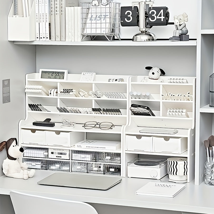 1pc Modern 2-Tier Desk Organizer with Drawer Storage & Tilt Pen Holder - Raised Bookshelf Suitable for Stationery, Cosmetics, Office Supplies, Space-Saving Partition Shelf, Lightweight PVC Storage Box for Office, Dormitory, Partition Box, Desk &