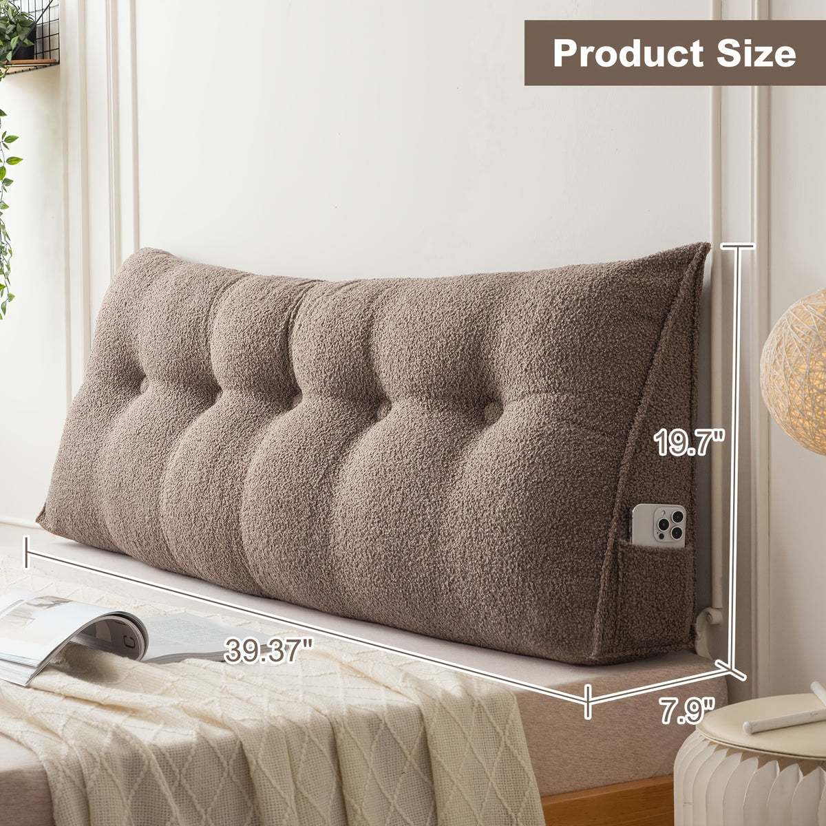 Headboard Reading Pillow, Triangular Teddy Velvet Backrest Cushion with Side Pocket and Removable Washable Cover for Twin, Queen and King Beds