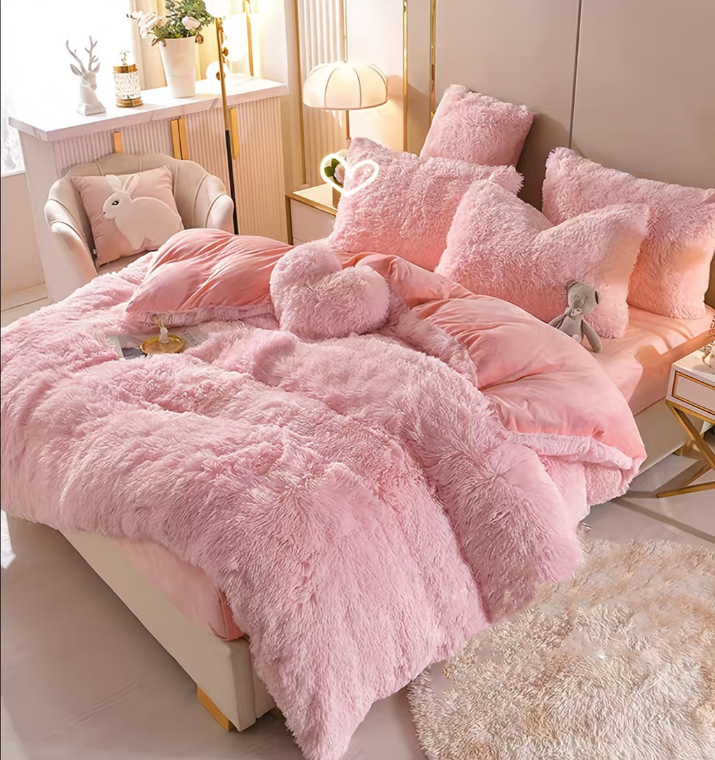 4pcs Fluffy Comforter Cover Set Queen King, Soft Plush Duvet Cover Set with Pillow Shams, All Season Cozy Bedding, No Insert