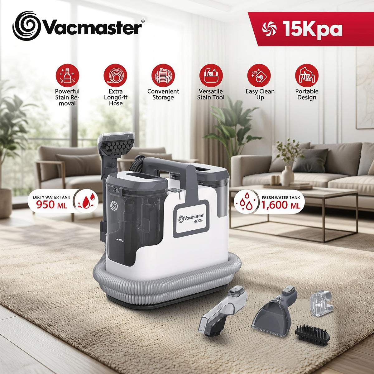 400 Series Portable Carpet & Upholstery Spot Cleaner Machine with 15Kpa Powerful Suction, Corded Suitable for Pets Hair Removal, Area Rugs, Couches, Floors,-and-Play for Use (No System)