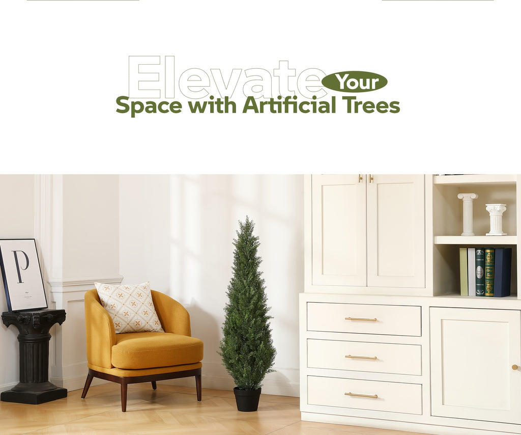 Outdoor Artificial Topiary Cedar Tree - 1pc/2pcs Fake UV Rated Potted Plants - 3/4/5FT Faux Pine Bushes And Shrubs For Front Porch Home Office Decor
