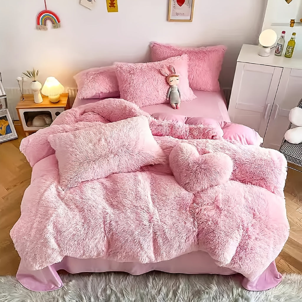 3/4pcs Plush Faux Fur Comforter Cover Set for Kids & Teens - Includes Pillowcases + Plush Heart Pillow - Twin/ Queen/ King Sizes - Super Soft, Warm, Machine Washable (Duvet Cover Only, No Comforter)
