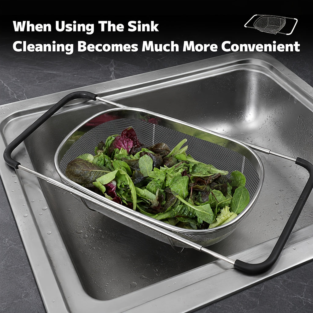 Expandable Stainless Steel Filter Over the Sink Colander - Strainers and Colanders - Sink Strainer Basket - Expandable Fine Mesh Strainer with Rubber Grip for Veggie, Fruits, Pasta, Home Kitchen Essentials