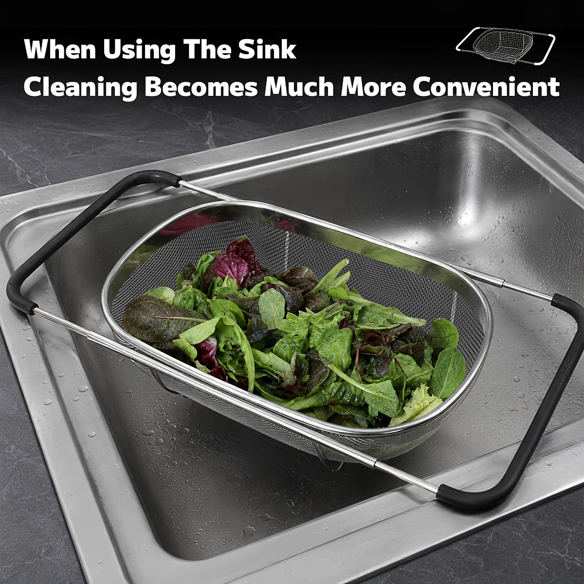 Expandable Stainless Steel Filter Over the Sink Colander - Strainers and Colanders - Sink Strainer Basket - Expandable Fine Mesh Strainer with Rubber Grip for Veggie, Fruits, Pasta, Home Kitchen Essentials