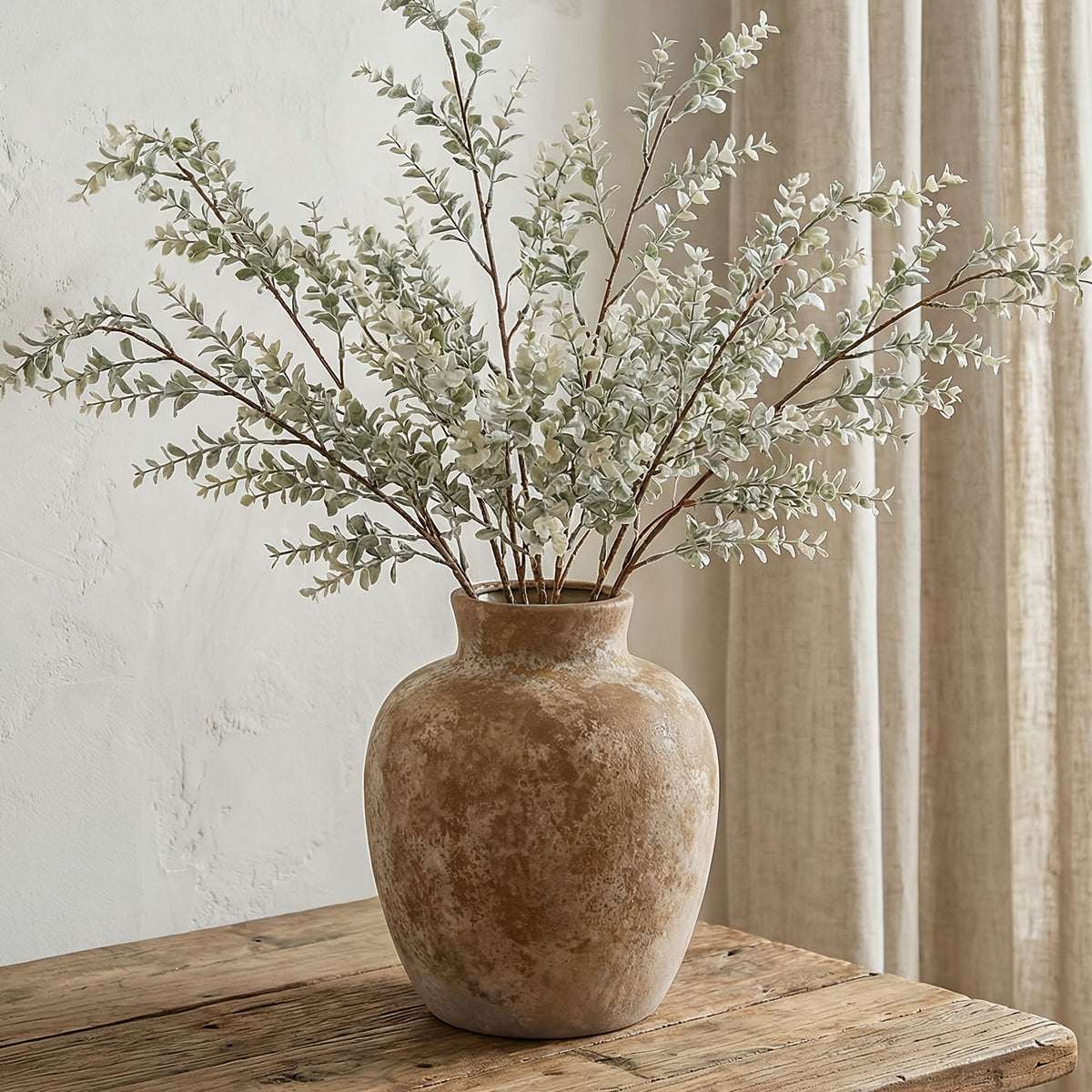 TOMNK Ceramic Farmhouse Vase with Handle - Vintage Base Suitable for Shelf, Coffee Table Centerpiece, Rustic Tabletop Vase for Books & Decor, Ceramic Flower Holder for Fireplace Mantel, Bookshelf, Dining Desk Decoration