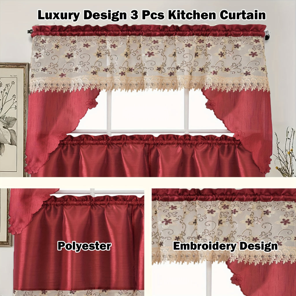 3pcs Bamboo Embroidered Kitchen Curtain Set, Floral Embroidery, Lightweight and Soft, Easy Care, Machine Washable, Satin Fabric, Embroidered
