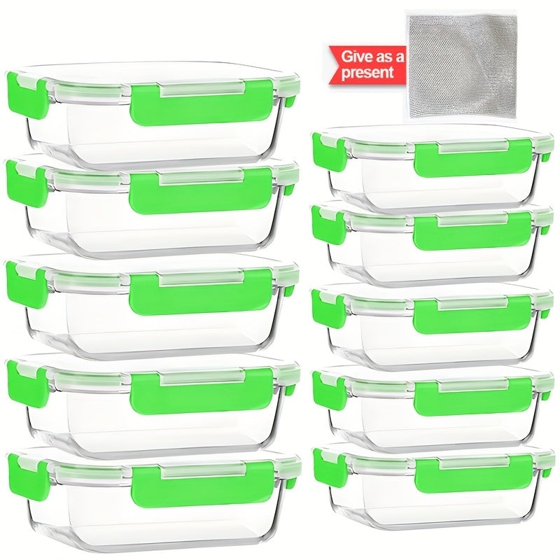 Glass Meal Prep Storage Containers, Set of 10 with Airtight Locking Lids for Work Lunches, Leftovers, Refrigerator and Pantry Organization