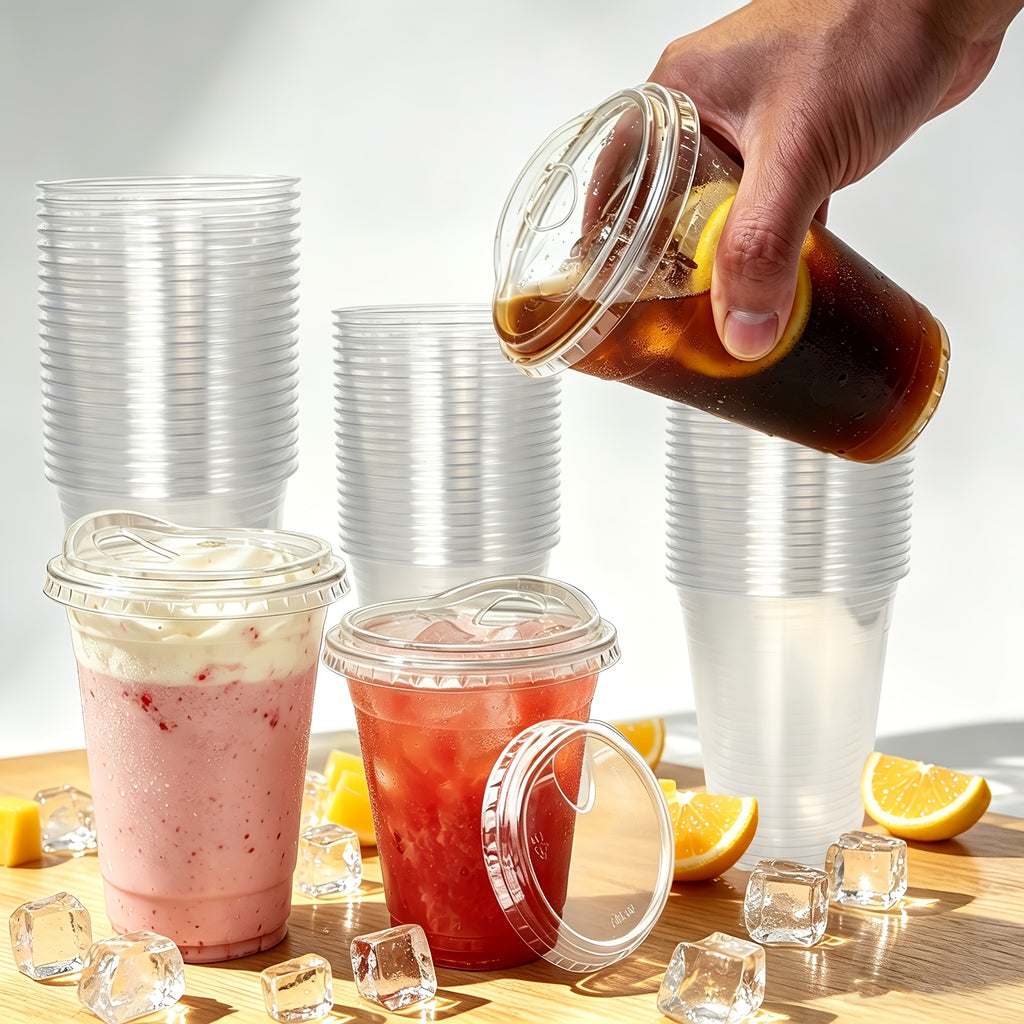 [100 Sets Of Plastic Cups with Lids]Frozen Cold Drink Storage Containers, Disposable Clear Plastic Cups with Lids, Iced Coffee Cups, Ideal for Iced Coffee, Smoothies, Milkshakes, Takeaway And Cold Drinks Perfect for Halloween, Christmas, And Parties