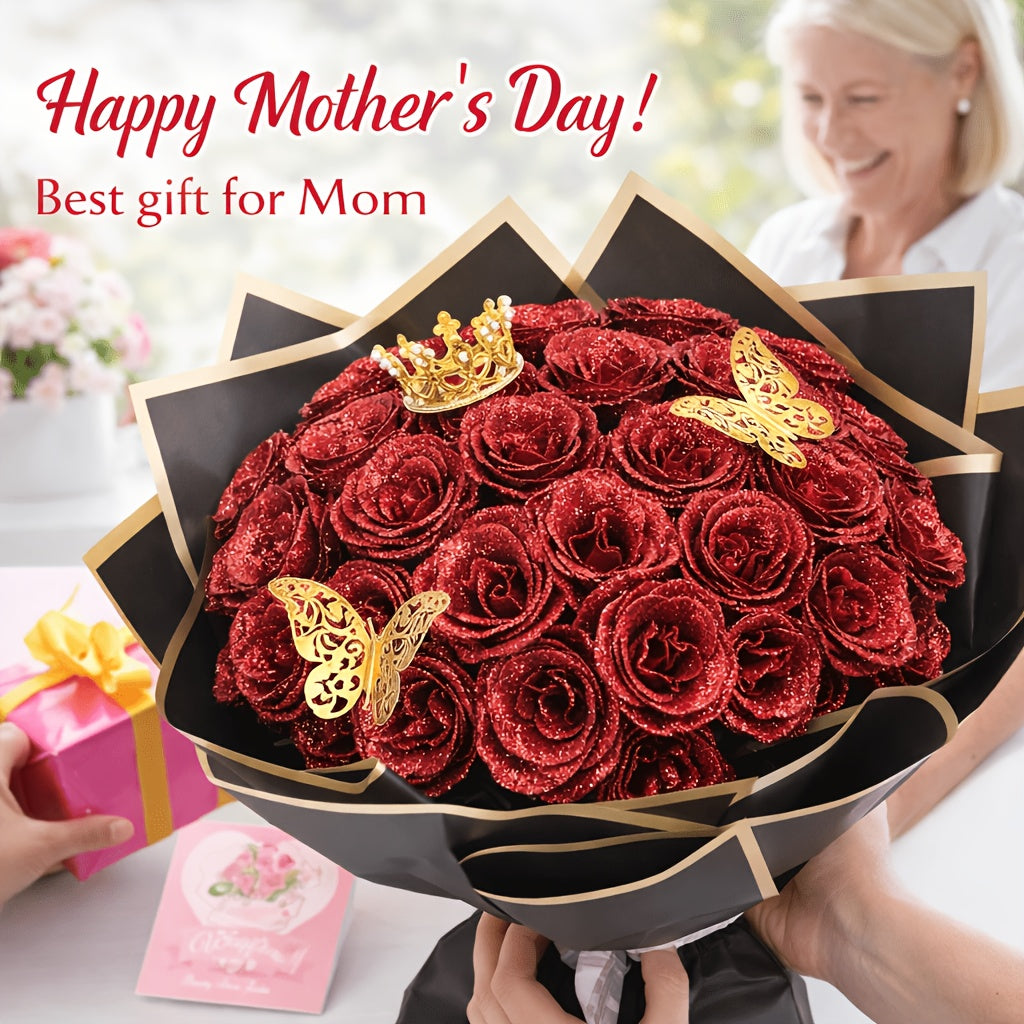 24/36pcs Glitter Roses Bouquet - Everlasting Shiny Artificial Red Roses with Sparkling Glitter Petals - DIY Fake Flower Bouquet Suitable for Valentine' Day, Mother' Day, Wedding, Anniversary, - Gifts for, Plastic Roses Bouquet