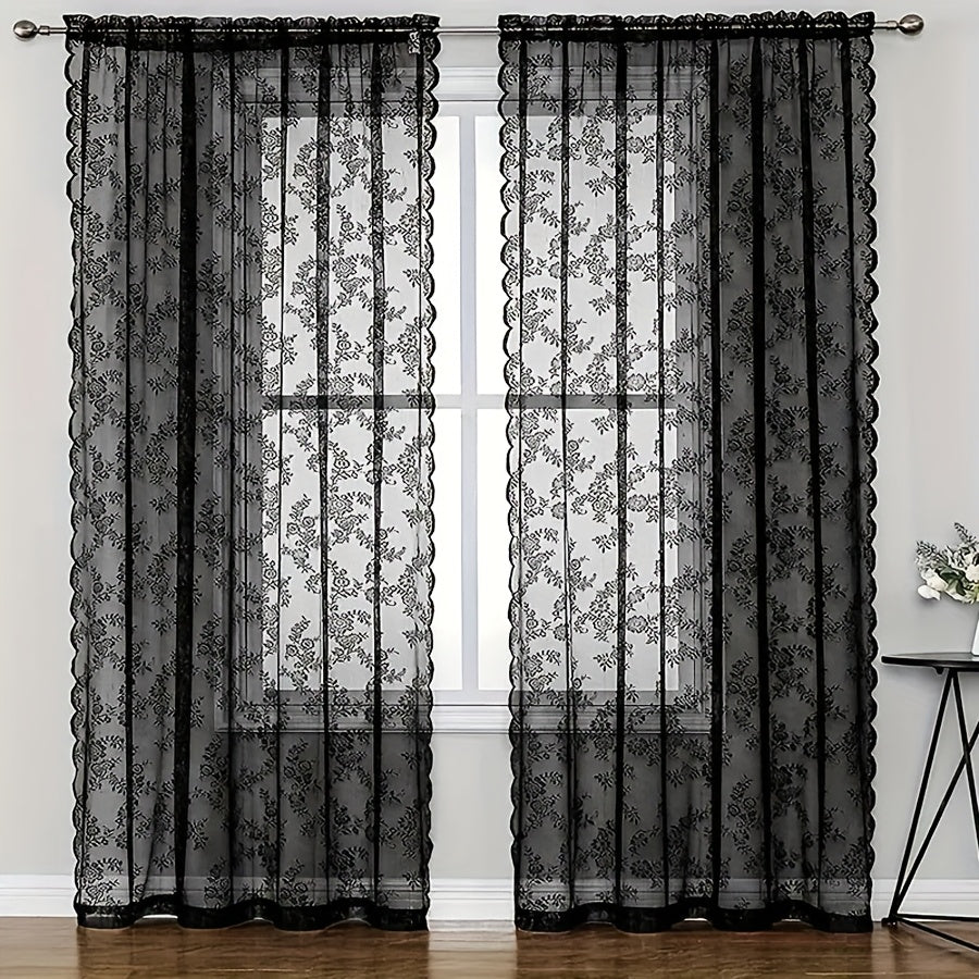1pc White Lace Door Curtain with Wave Edge, Semi-Sheer Polyester Rod Pocket Curtain for Home And Outdoor Use, Vintage Style with Floral Pattern, Semi-Sheer Curtains | Vintage Curtain Design | Embroidered Detailing