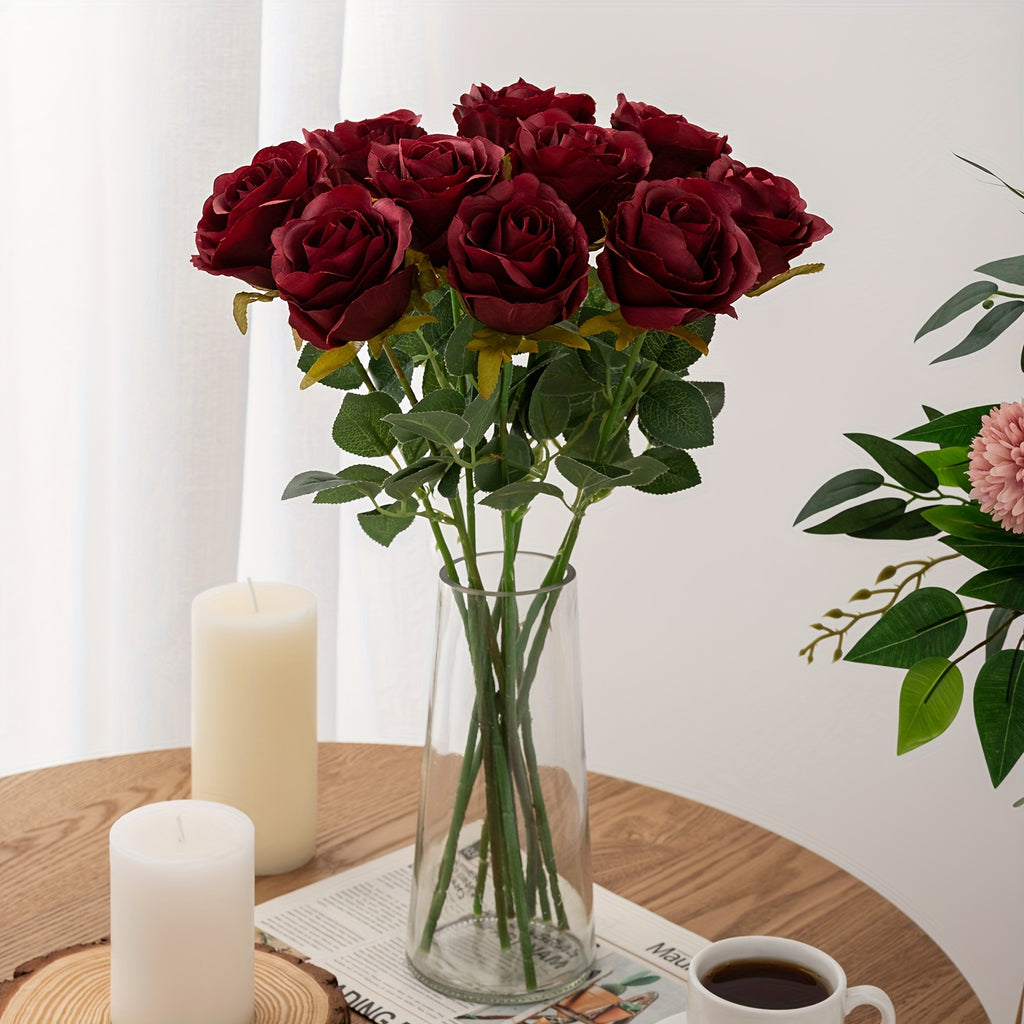 10pcs Artificial Velvet Rose Burgundy Red Flowers Fake Roses with Long Stems for Valentine's Day & Wedding Bouquets Centerpieces Bridal Shower Party Decorations