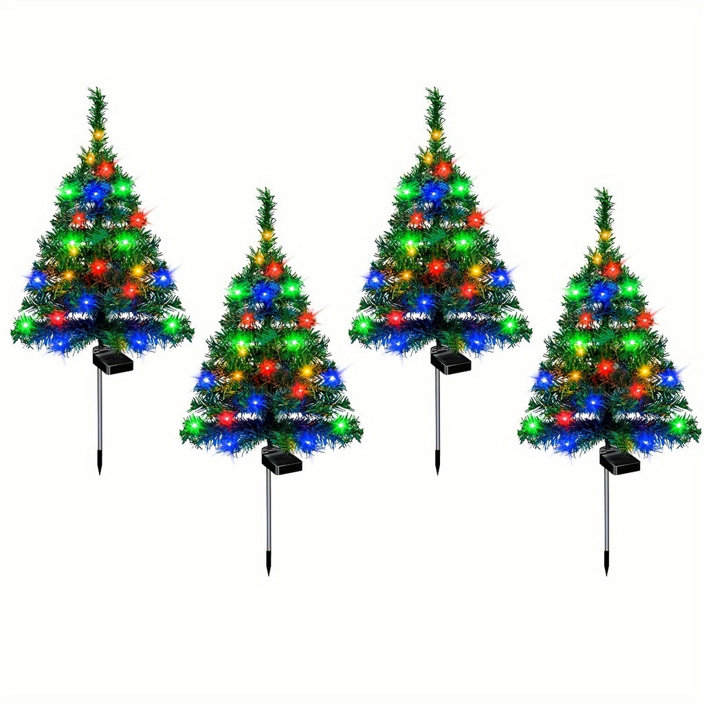Solar Christmas Tree Path Lights, 4-Pack Green Tree-Shaped Garden Decorations with Solar Panels and Ground Stakes for Front Yard and Walkway Holiday Decor