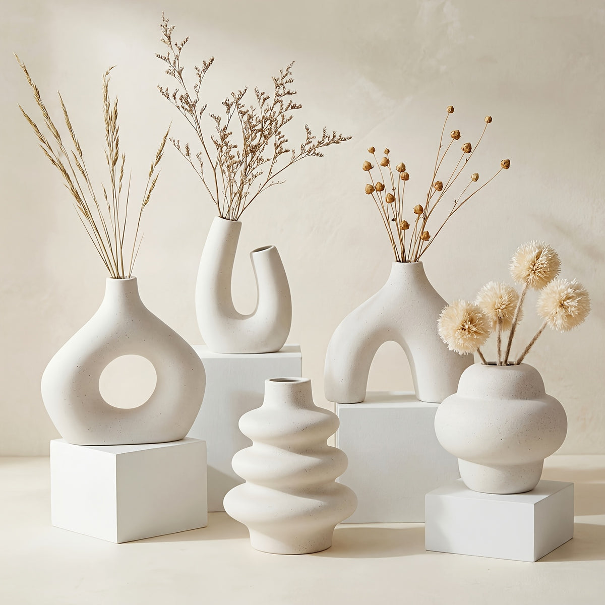 TOMNK Ceramic Vase Set Of 3/5, Nordic Modern Boho Ins Style Decorative Ceramic Aesthetic Flower Vase for Home Decor, Matte Ceramic Decorations for Living Room Shelf, Bookshelf Mantle Entryway Table Or Console Decor