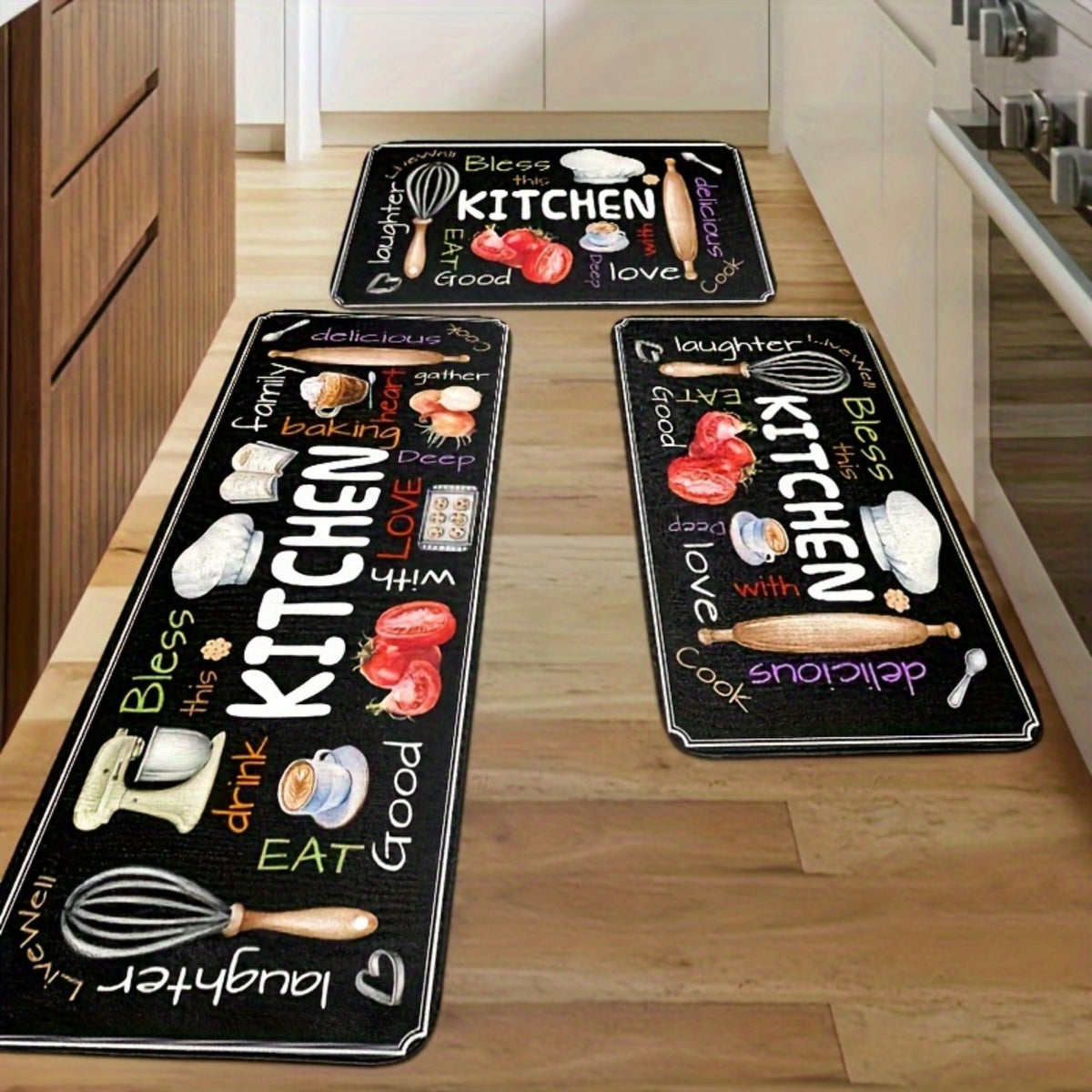 3pcs Set Of Kitchen Floor Mats, Designed with Colorful Fonts And Tableware, Soft And Comfortable, Easy to Clean, Suitable for Kitchen, Bathroom, Living Room, Home Essentials, Gifts for Family And Friend, Kitchen Accessories, Halloween Decorations