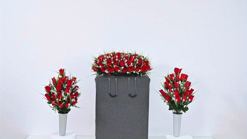 1/2/3pcs Artificial Cemetery Flower For Grave With Saddles, Artificial Silky Rose Flowers And Bouquets With Vases, Memorial Day Flowers For Cemetery, Outdoor Grave Headstones Decoration