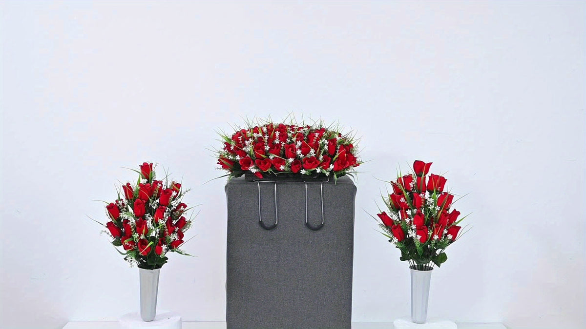 1/2/3pcs Artificial Cemetery Flower For Grave With Saddles, Artificial Silky Rose Flowers And Bouquets With Vases, Memorial Day Flowers For Cemetery, Outdoor Grave Headstones Decoration