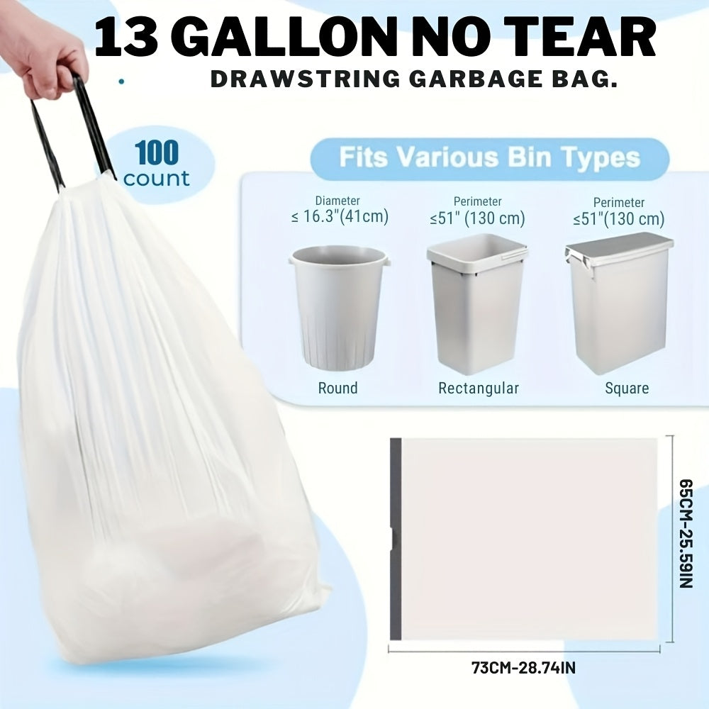 100-Pack Heavy Duty 13 Gal Drawstring Trash Bags - 1mil Leak-Proof Commercial-Grade Garbage Liners for Restaurants, Offices & High-Traffic Areas - Extra Thick Tear-Resistant Design
