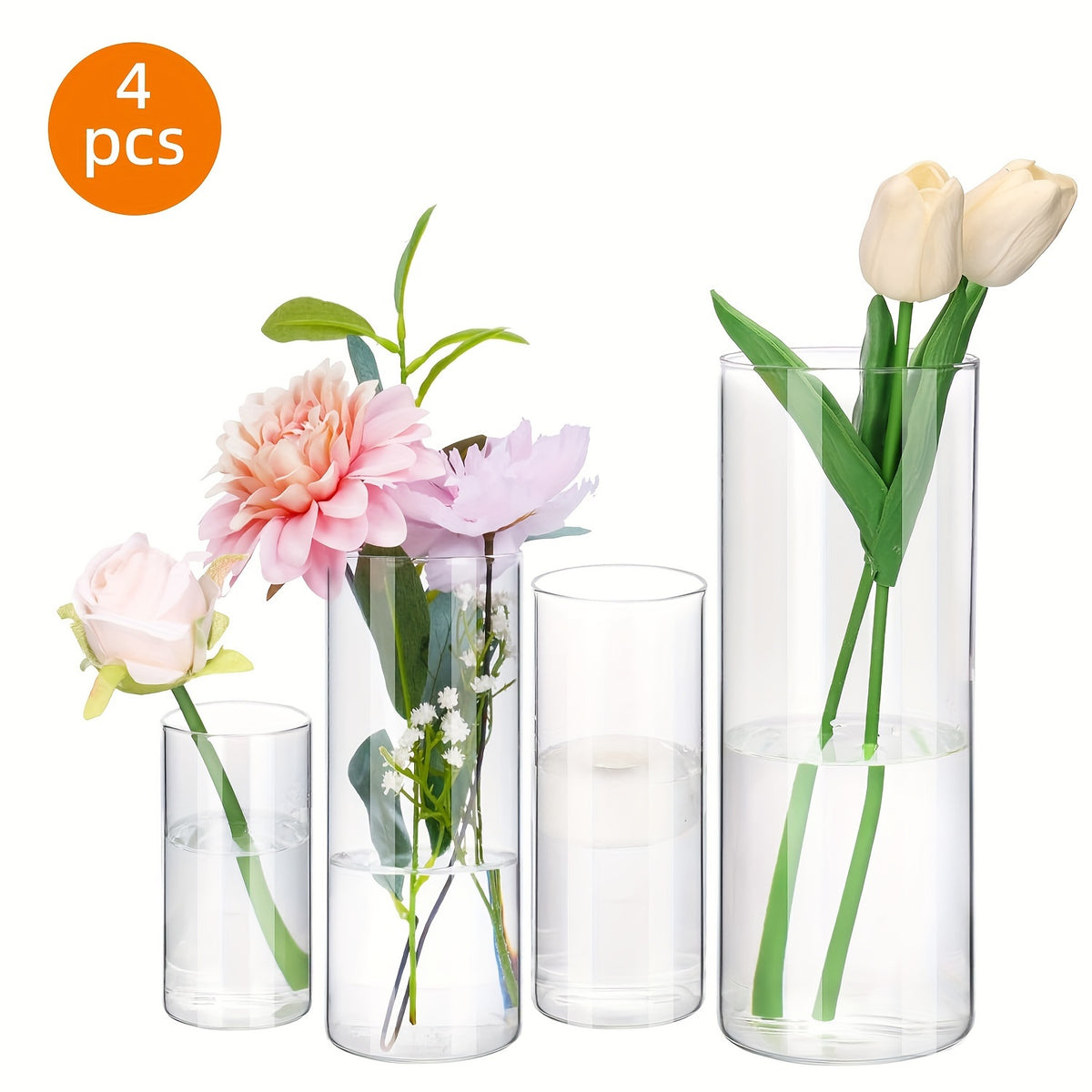 TOMNK 4/12/24/48/80pcs Clear Glass Cylinder Vases, 4, 6, 8, 10 Inch Tall Cylinder Vases for Centerpieces, Glass Flower Vase, Hurricane Floating Candle Holder Vase for Kitchen, Party, Wedding, Home Decor, for Halloween, Christmas