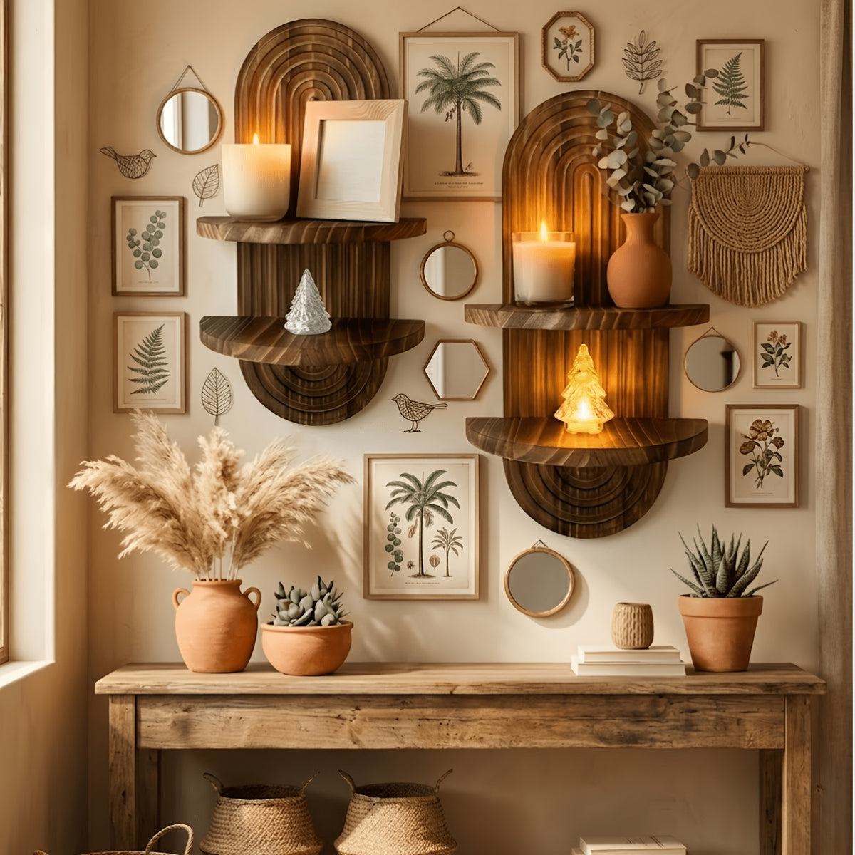 Boho Wood Wall Shelf with Rainbow Arch Design, Two-Tier Natural Solid Wood Plant and Keepsake Display for Bedroom, Living Room and Entryway Decor