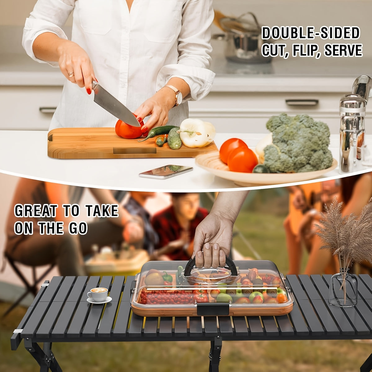 A Bamboo Tray with a Transparent Lid - Bamboo Charcuterie Cheese Board - Divided Tray with Handles And Locking Lid - 5 Compartments - Snack Tray - Portable Serving Platter - Suitable for Parties, Outdoor Picnics, Camping, And Gift Preparation