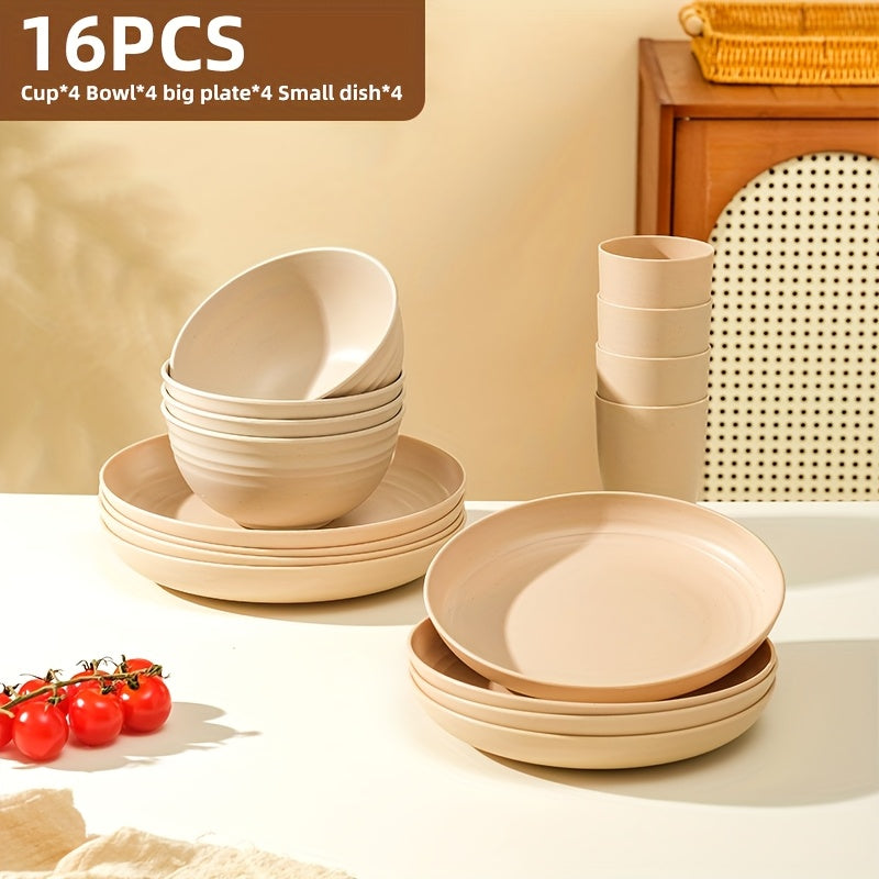 Brczuo16/32pcs Securely Fixed Non Fragile Plates, Wheat Straw Tableware Set, Microwave Dishwasher Safe, Durable Tableware, Black Set Includes 16 Plates, 8 Bowls, 8 Cups, Suitable For Family Gatherings, Birthday Parties, Camping