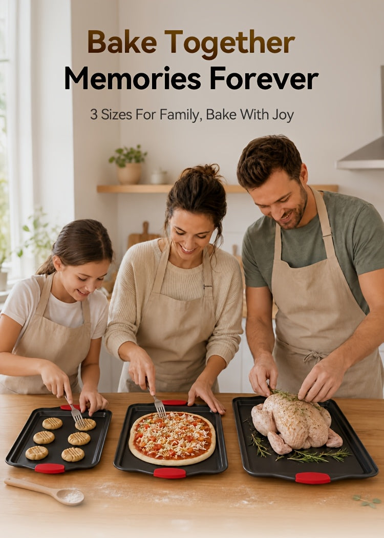 3pcs Nonstick Carbon Steel Oven Baking Pans Set With Detachable Silicone Handles, Premium Non-Stick Steel Bakeware Set, Commercial Grade Restaurant Quality Rimmed Sheets, Easy-Clean Baking Trays For Cookies, Pizza, Cake & Home Kitchen Use