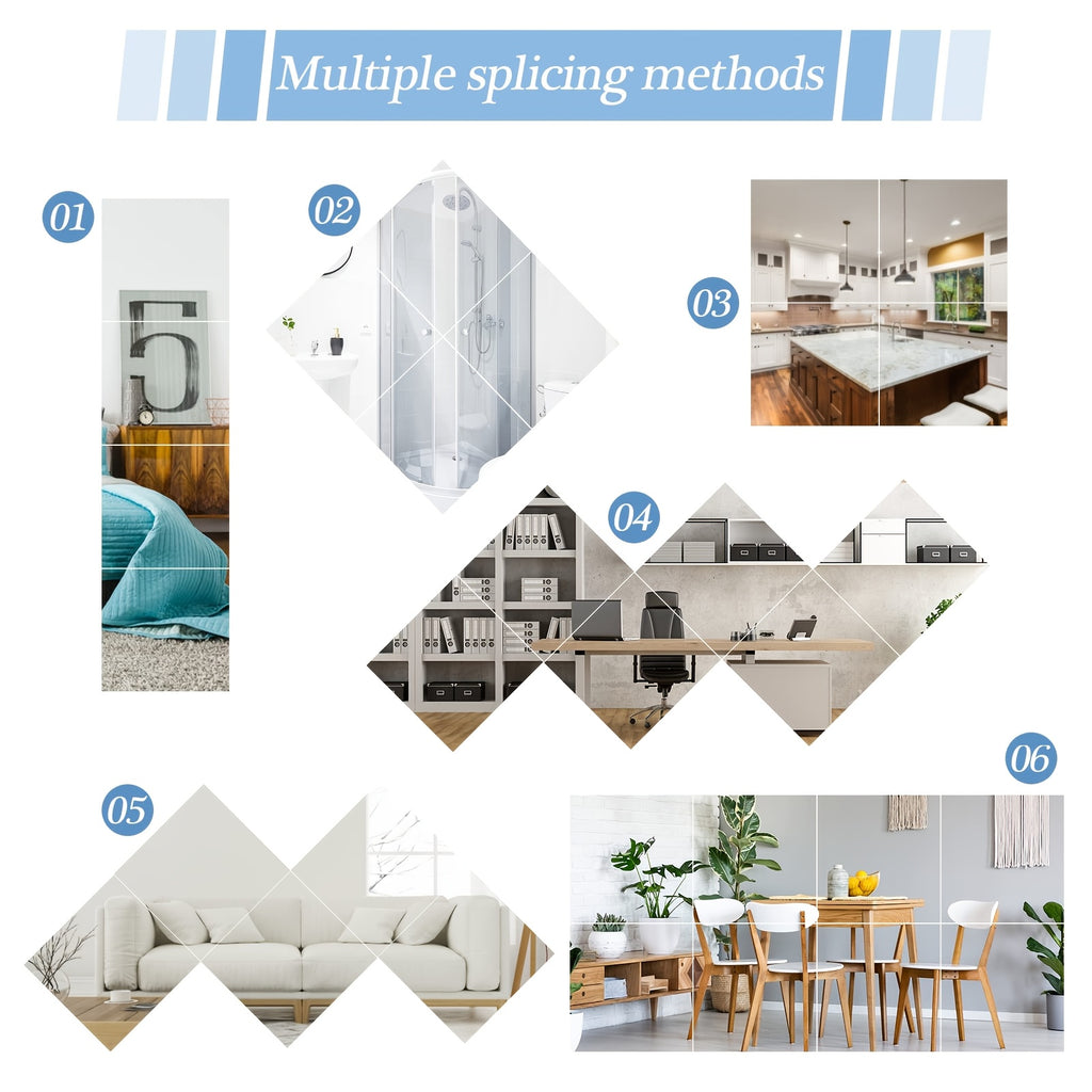Self Adhesive Mirror Tiles, Frameless Acrylic Stick-On Squares in 4 or 8 Piece Sets for Bedroom, Living Room and DIY Wall Decor