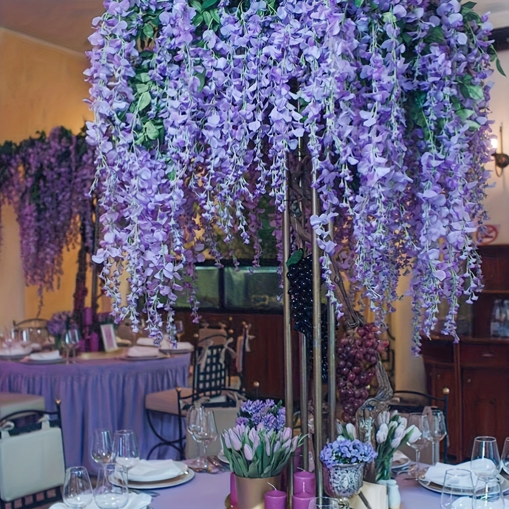 24 Pack (Total 90 Feet) Artificial Fake Wisteria Vine Rattan Hanging Garland Flowers String Home Party Wedding Decor (24, Purple)