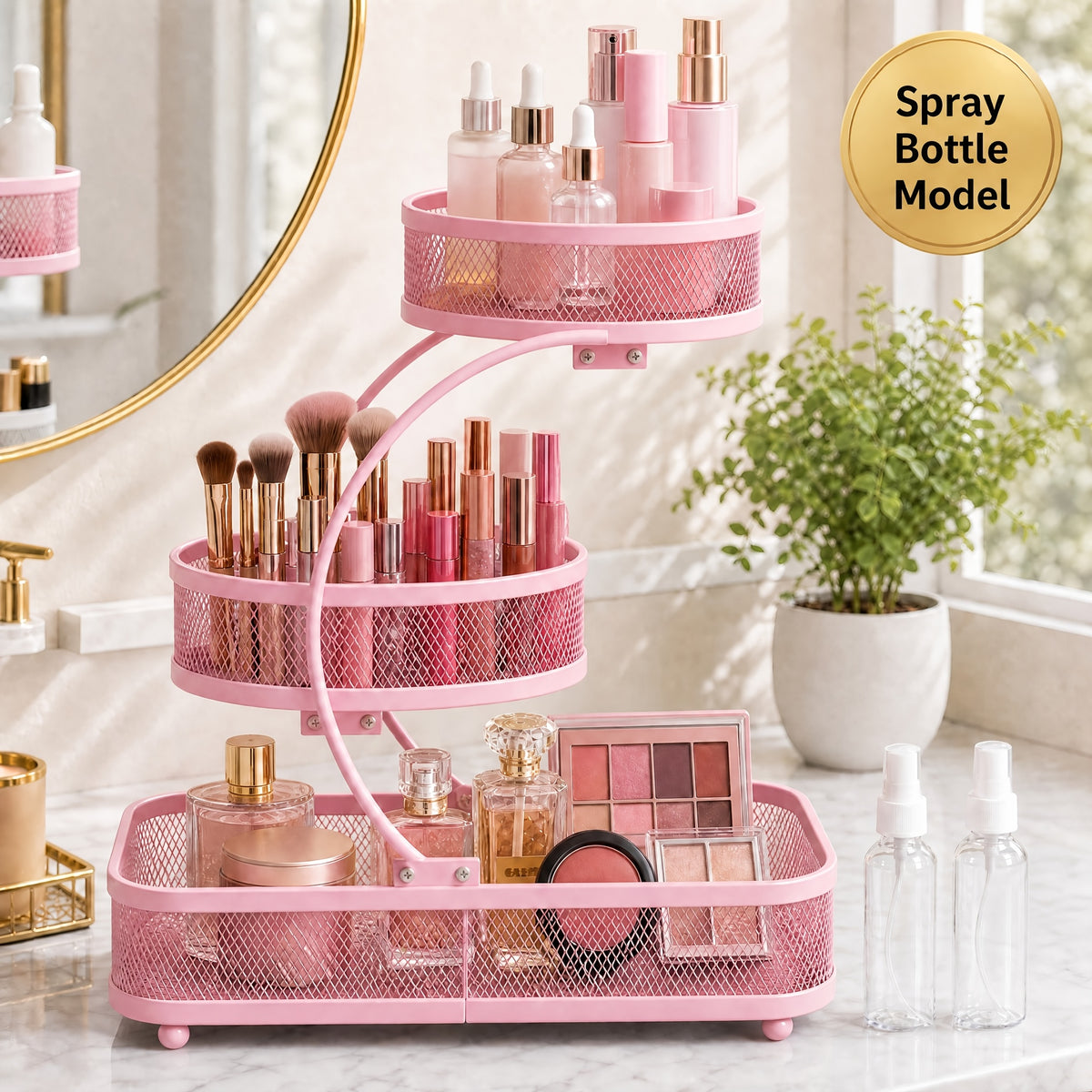 3-tier Metal Bathroom Storage Rack, Includes A Spray Bottle | Hooks - Space-saving Countertop Organizer For Cosmetics, Skincare, And Toiletries | Rust-resistant Diamond Mesh Design | Sturdy And Durable, Suitable For Vanities, Bathrooms, Wardrobes